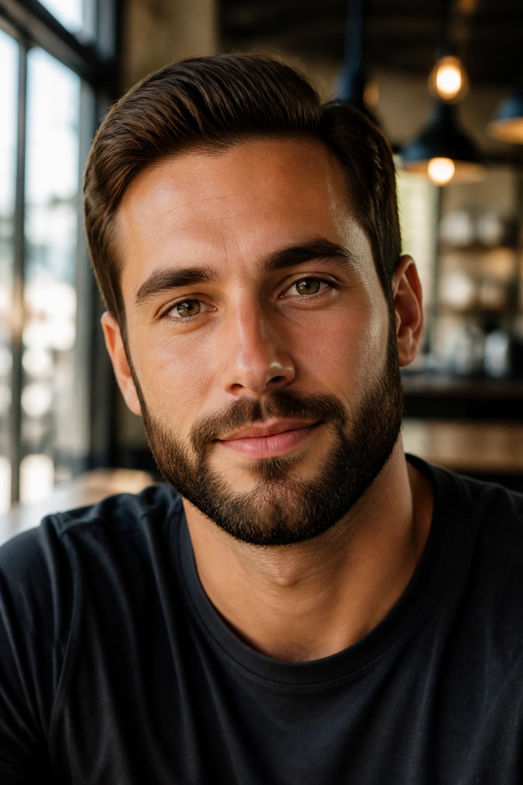 Close-up portrait of a man with short boxed beard on an oval face in a cafe interior