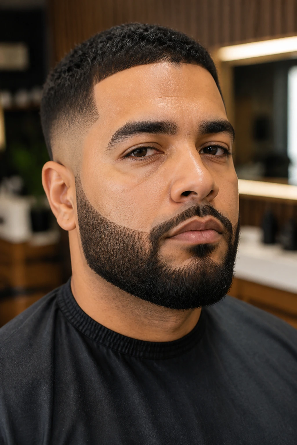 Close-up of a man with a short boxed beard showing crisp cheek lines and squared bottom.
