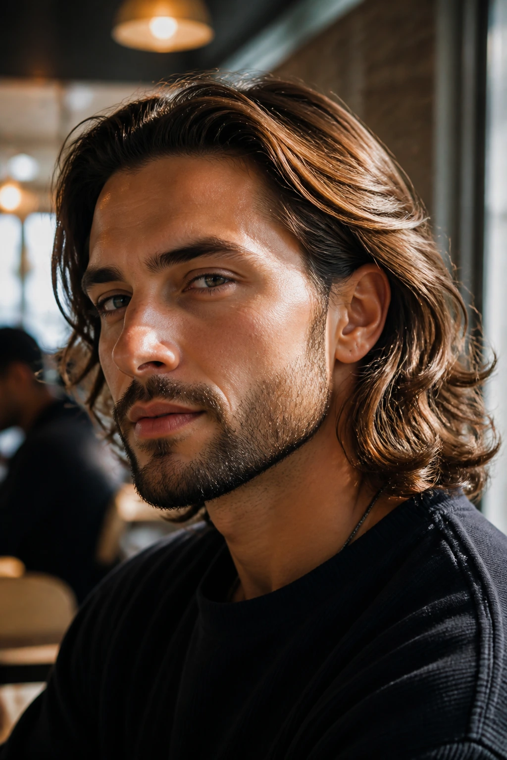 Portrait of a man with shoulder-length hair and a short boxed beard in a cafe setting