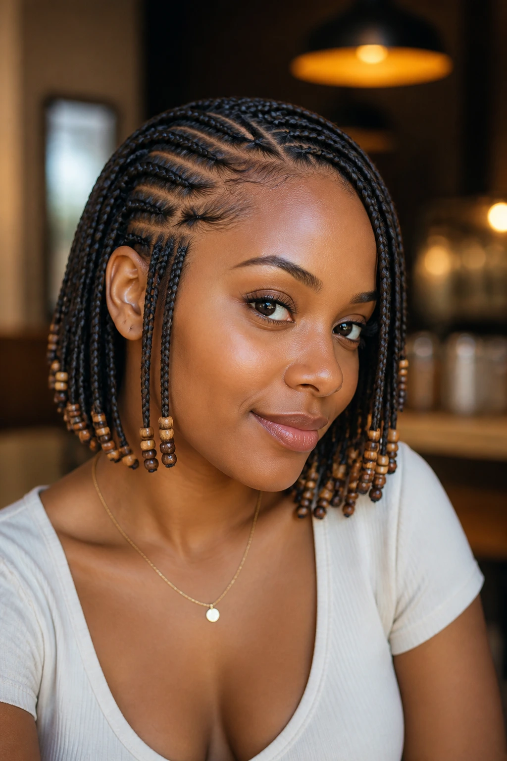 Real person with short braided bob and bead-tipped ends