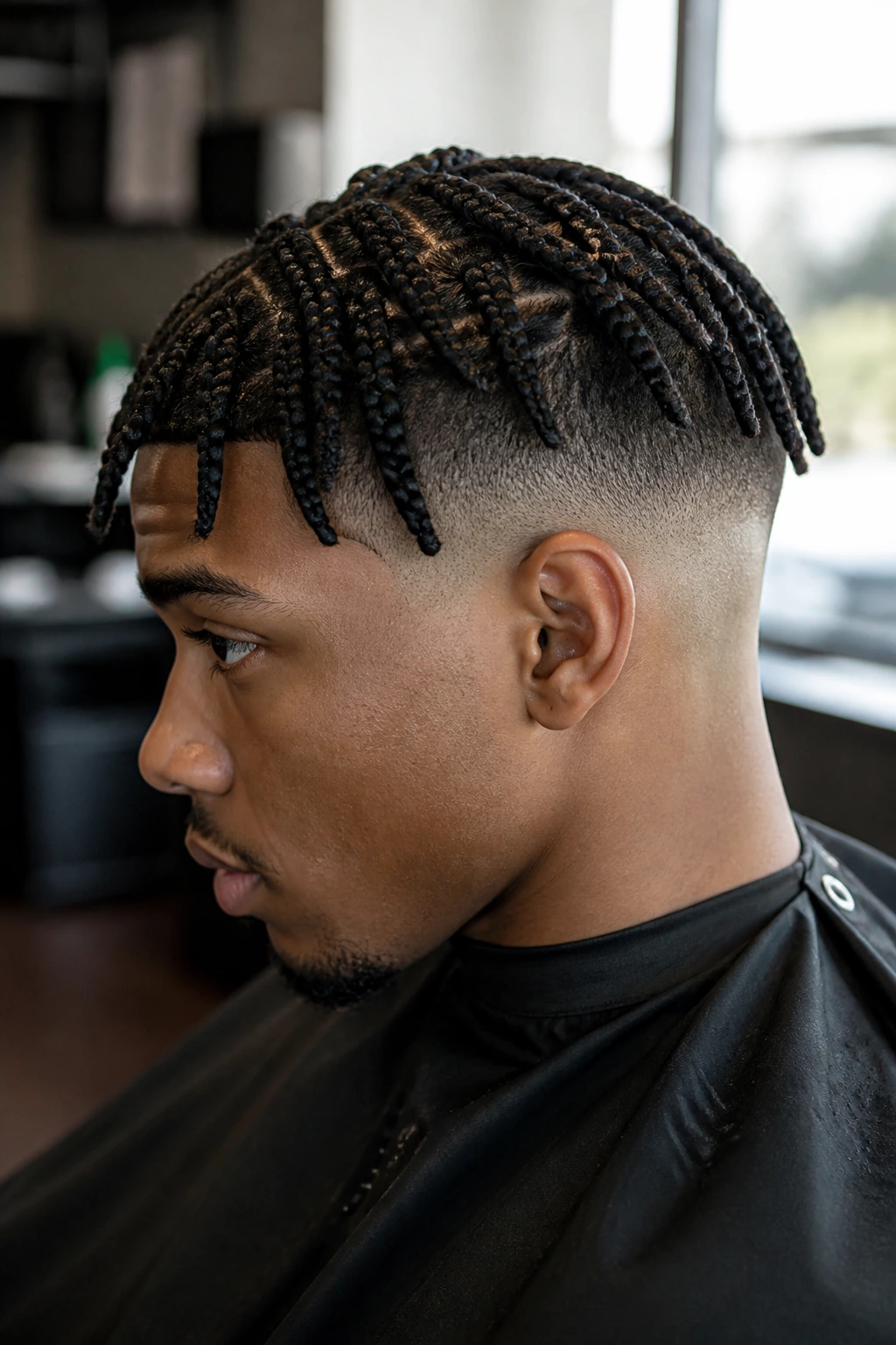 Real person with short braids and clean shaved underlay in a barber shop