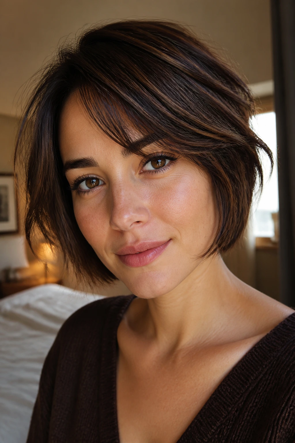 Close-up of short brunette hair with depth and gloss in a warm home setting