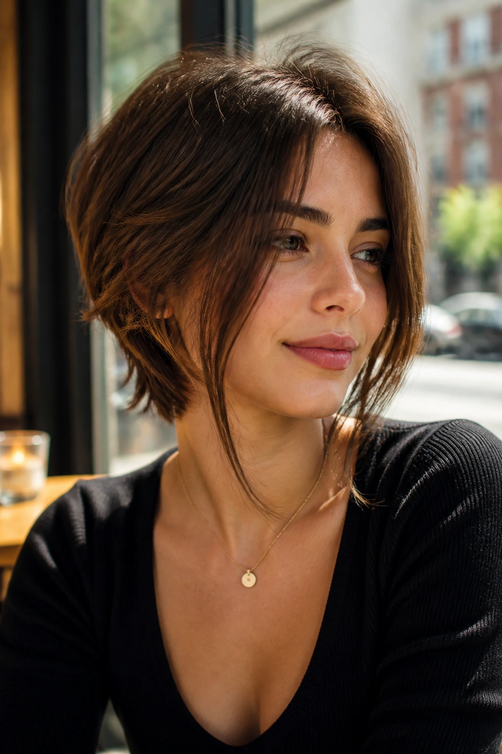 Close-up of a real woman with a short butterfly cut and long front pieces