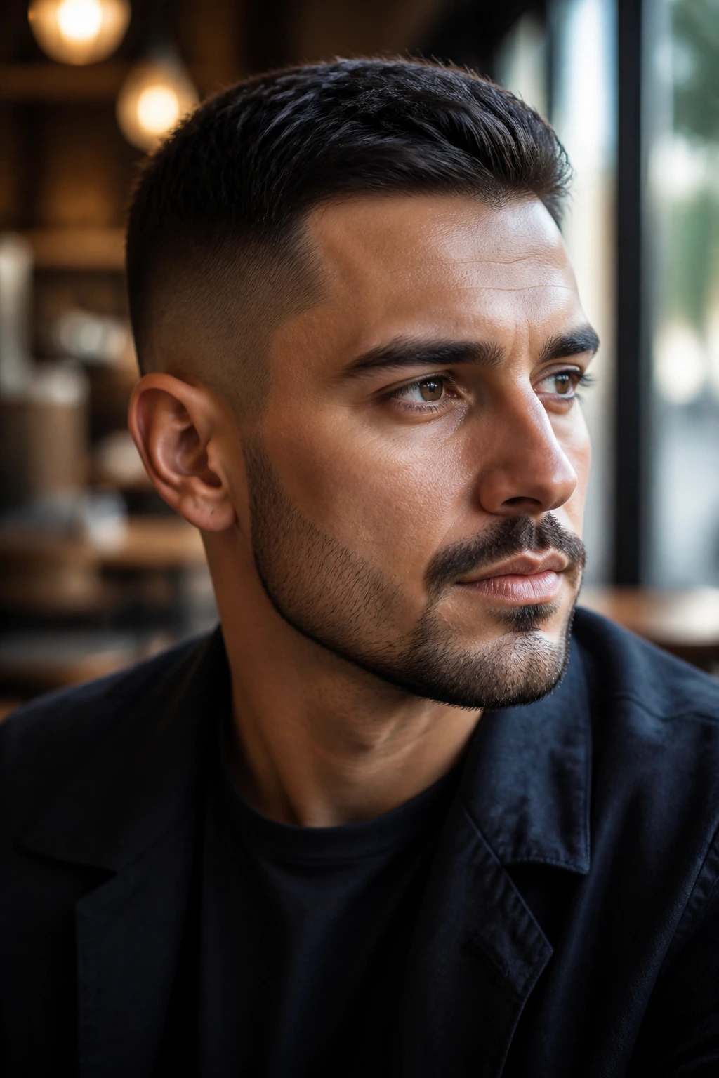 Portrait of man with short chin curtain beard in warm cafe lighting