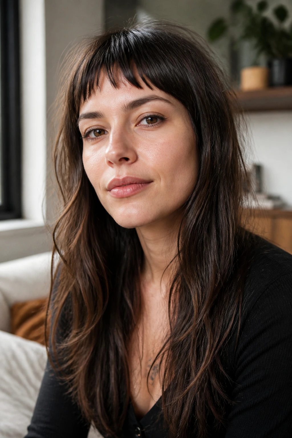 Close-up of a woman with short choppy bangs on long hair in warm indoor light
