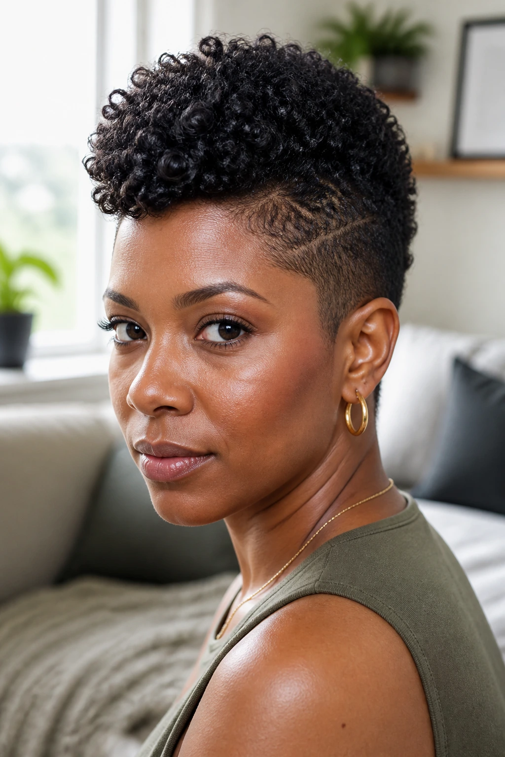 Close-up portrait of a real person with short-coil frohawk in a bright living room
