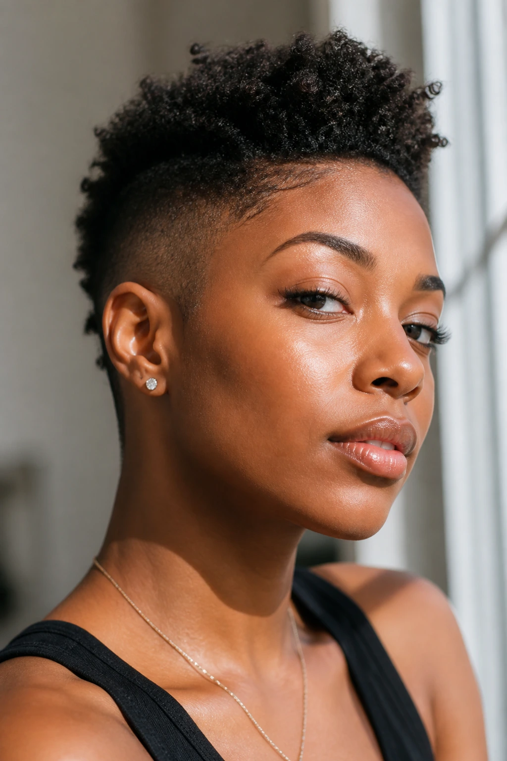 Close-up portrait of a real Black woman showing a short coiled mohawk style