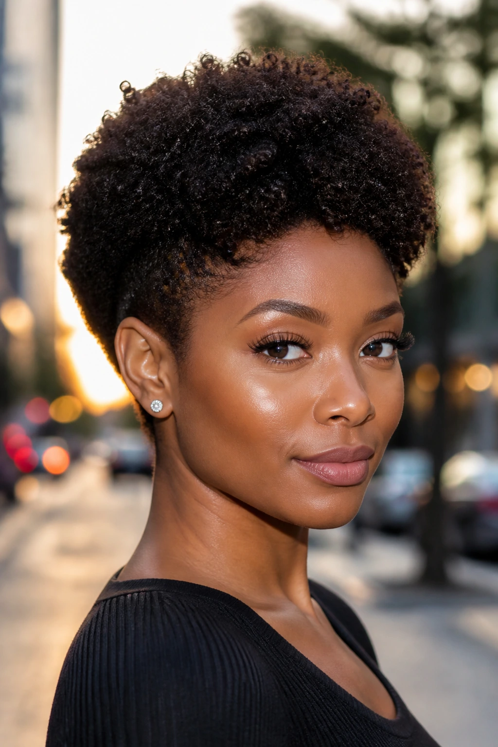 Close-up of a real Black woman's short coily puff hairstyle with rounded silhouette