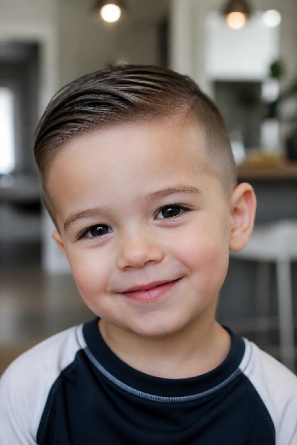 Toddler with short comb over hairstyle in a warm home setting.