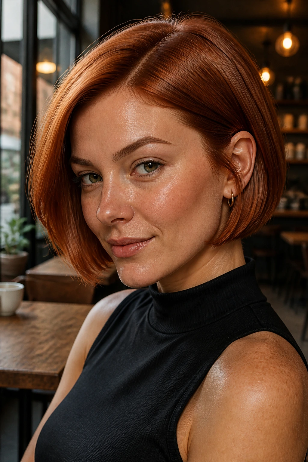 Close-up of a real person with a sleek short copper haircut