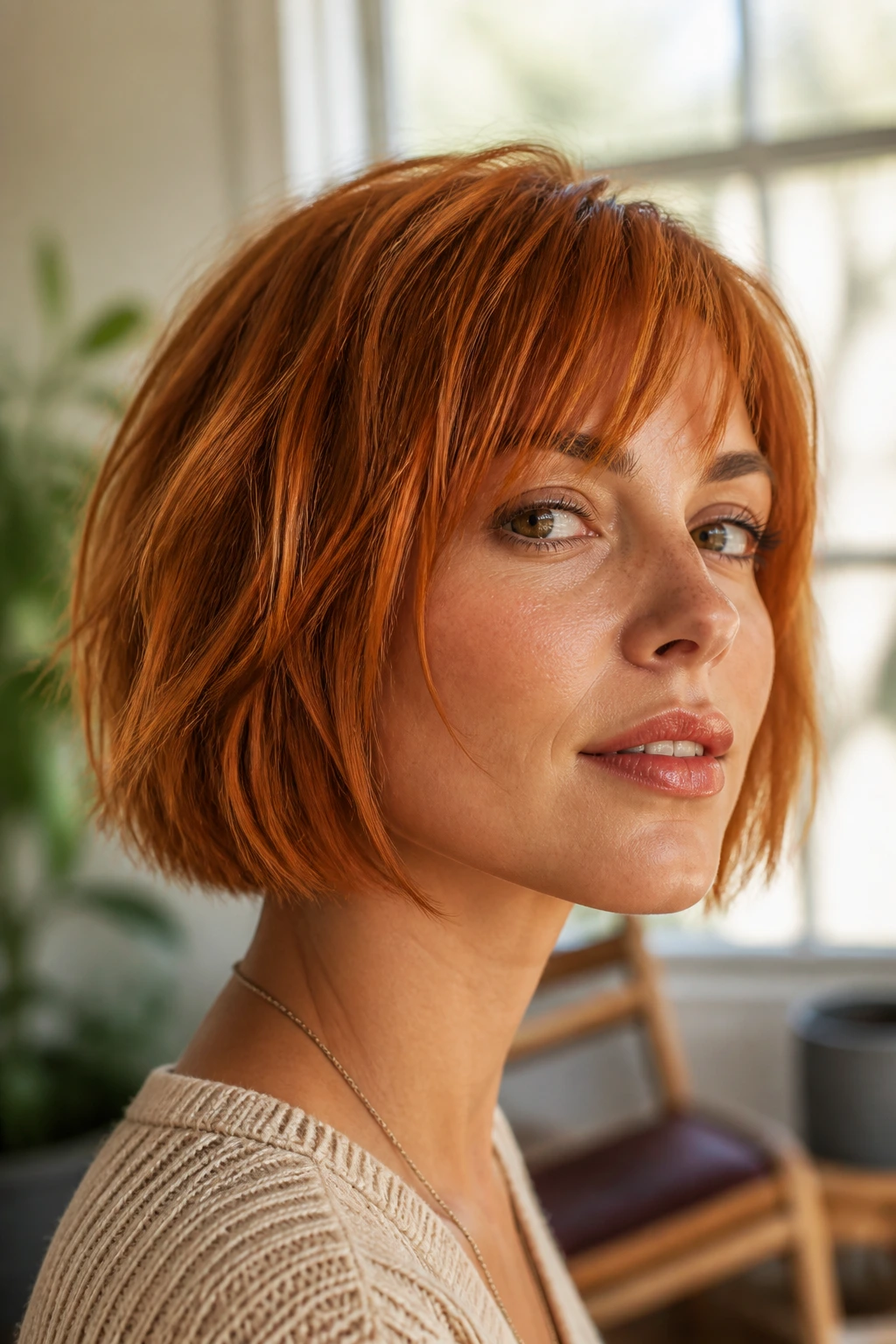 Close-up portrait of a real person with short copper hair showing glossy shine