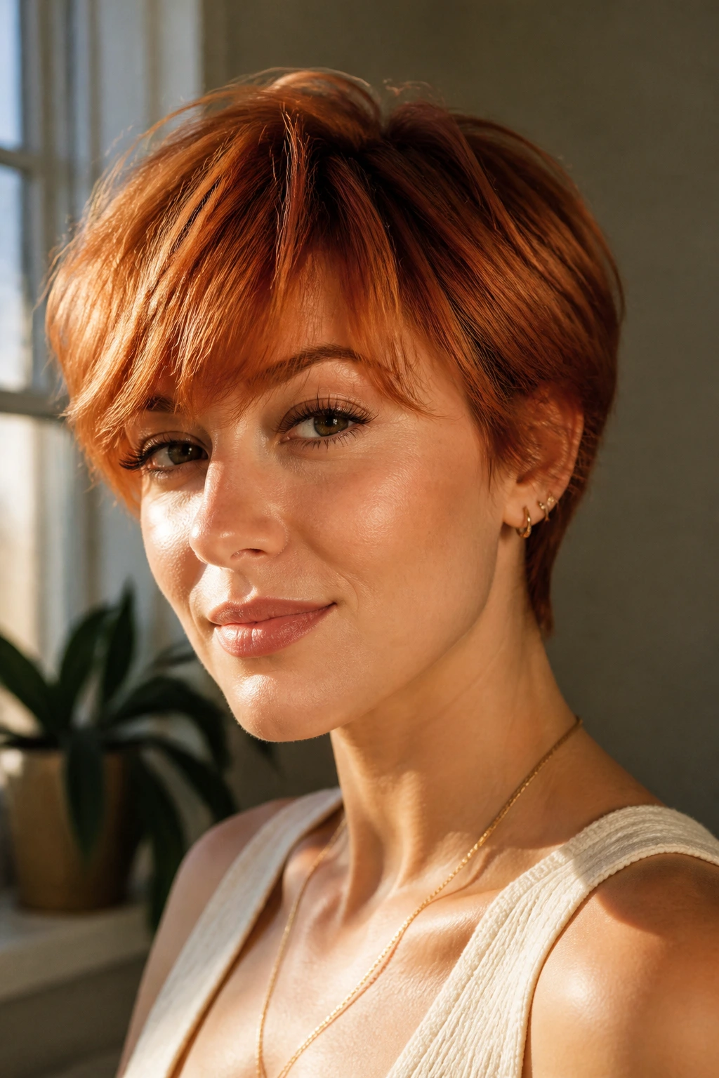 Portrait of a woman with a short copper hair showing how the shade reads.