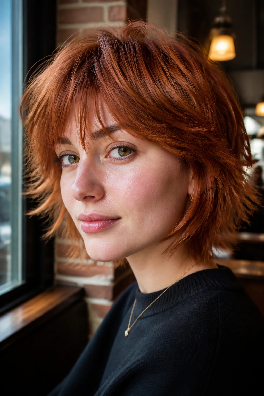 Close-up of real person with short copper wolf cut in cafe window light