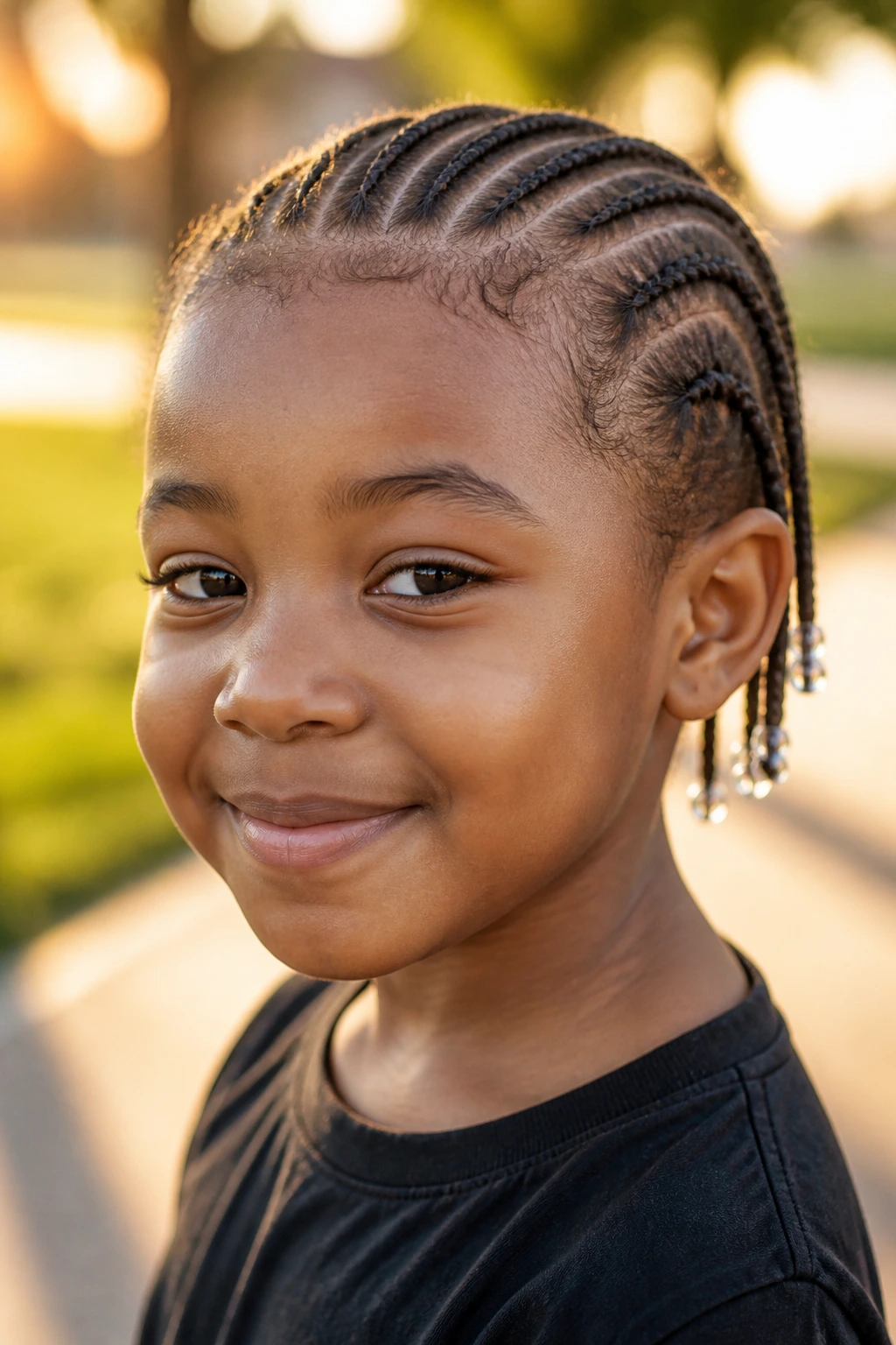 Close-up of child with neat short cornrows outdoors at golden hour