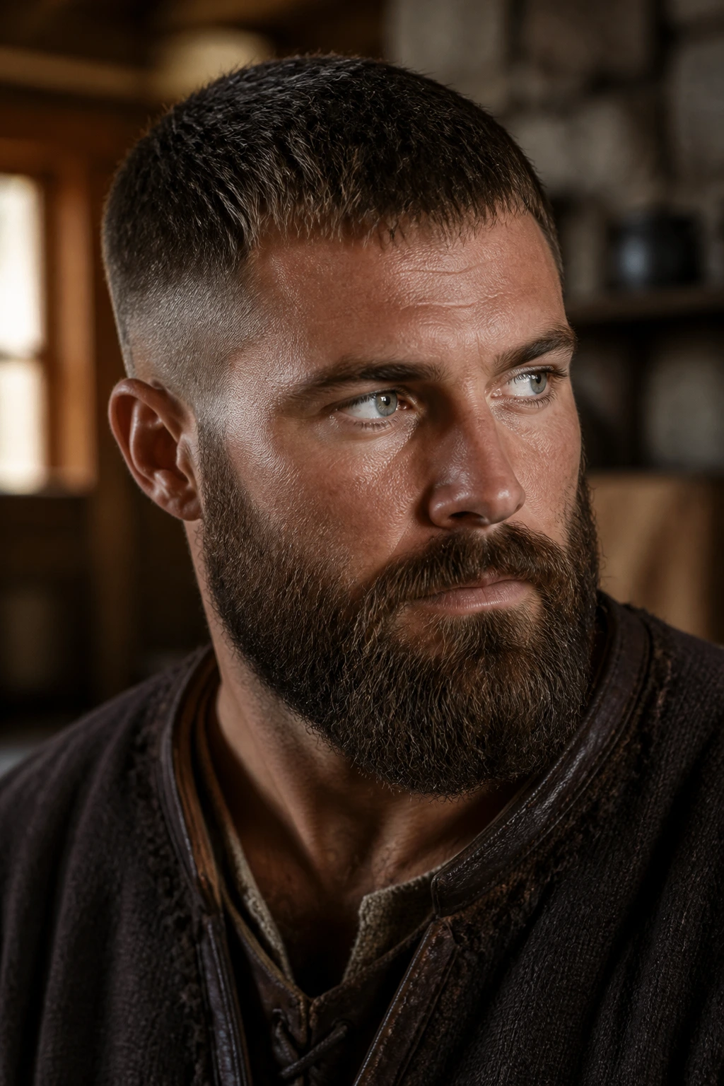 Man with short textured crop and full beard in warm light