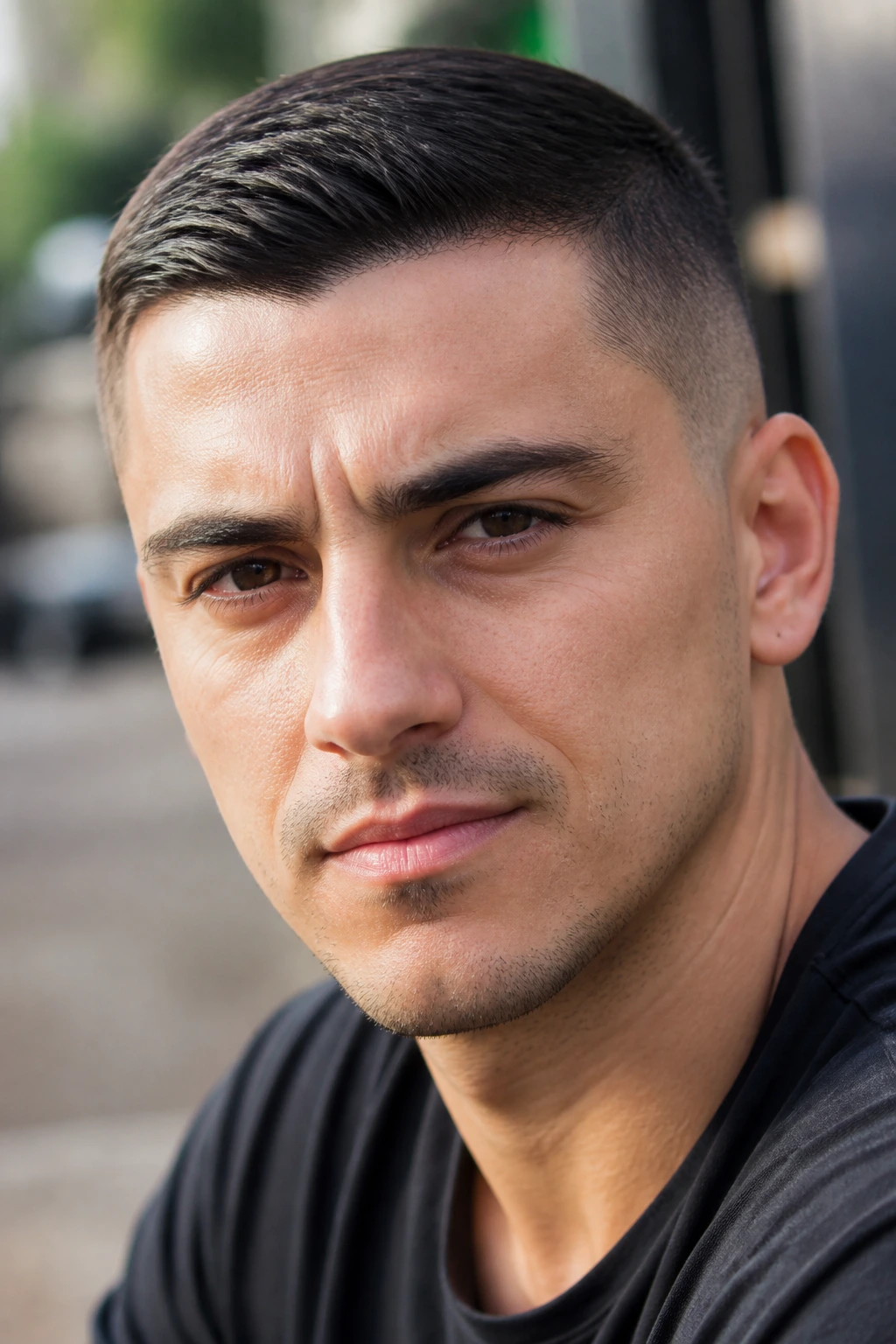 Close-up portrait of a man with a short crop comb over in daylight outdoors.