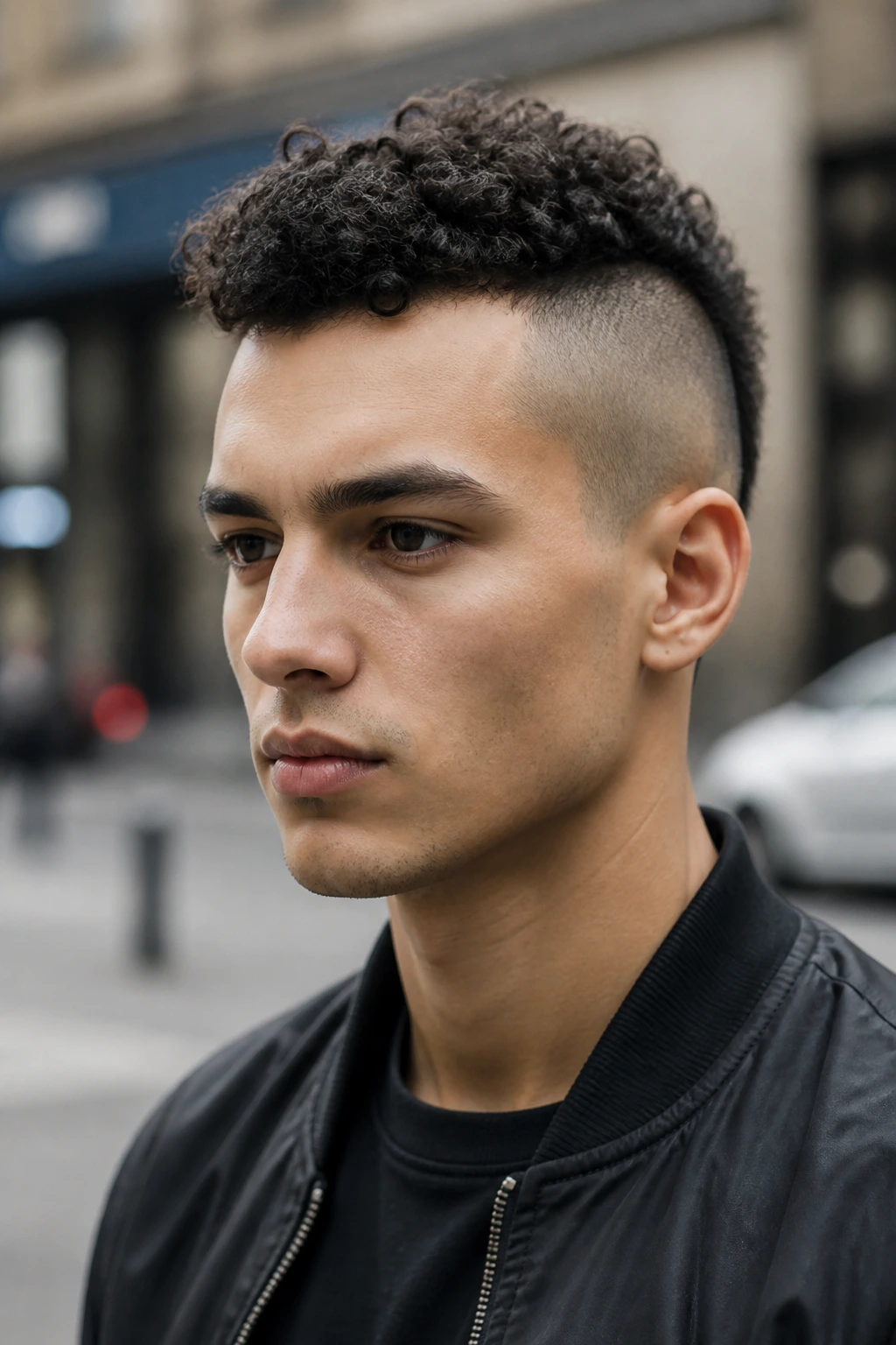 Close-up of a real person with a short crop hawk and lifted top curls