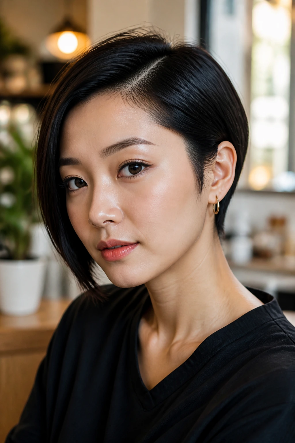 Close-up portrait of a real woman with short crop and side part