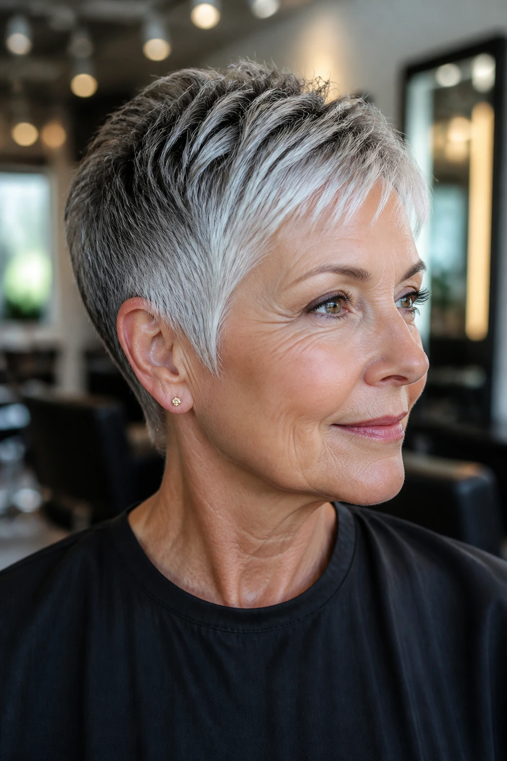 Close-up portrait of a real woman with a short crop and bright silver edges in a warm salon setting