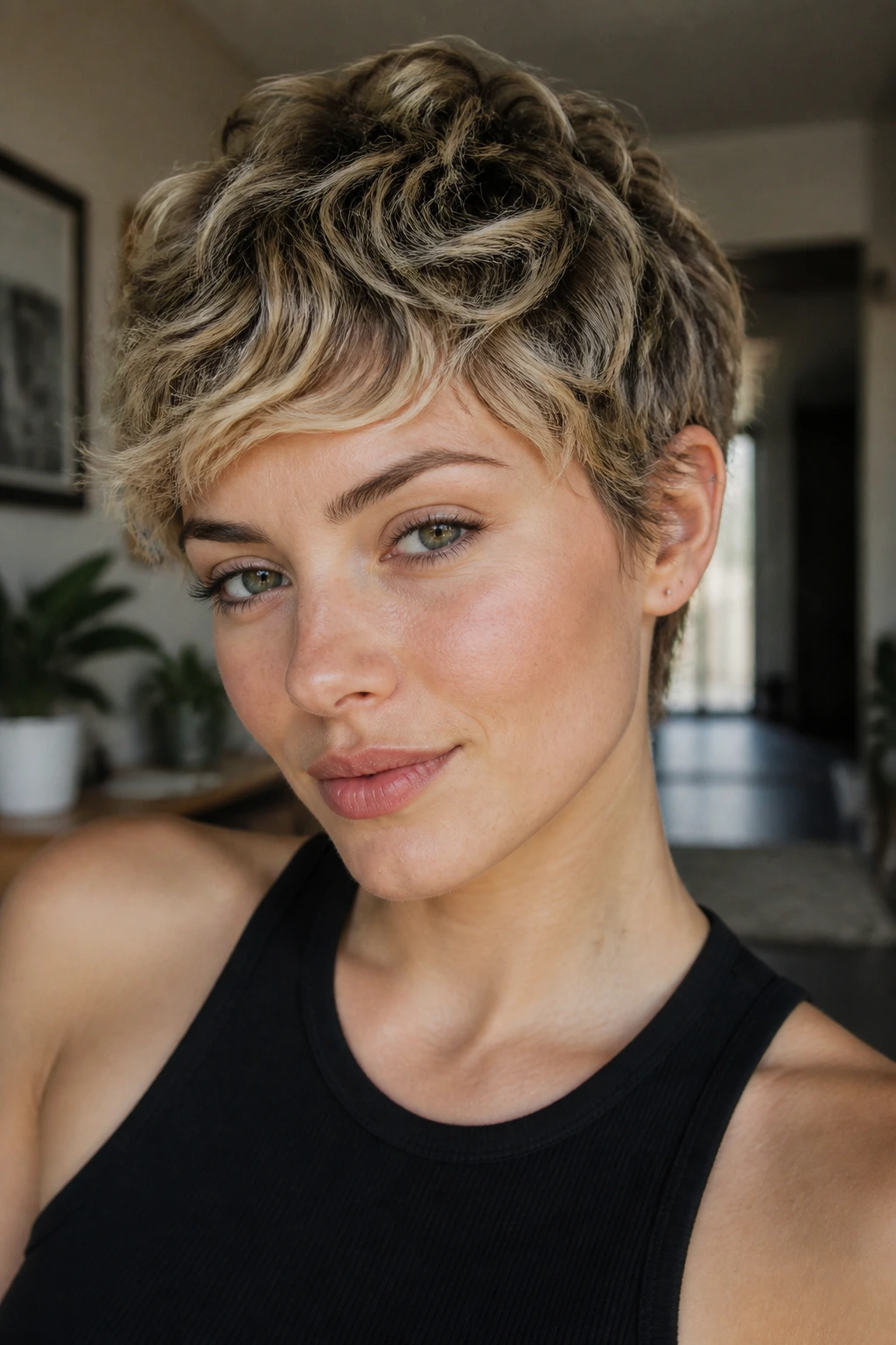 Portrait of a woman with short crop waves and a piecey finish