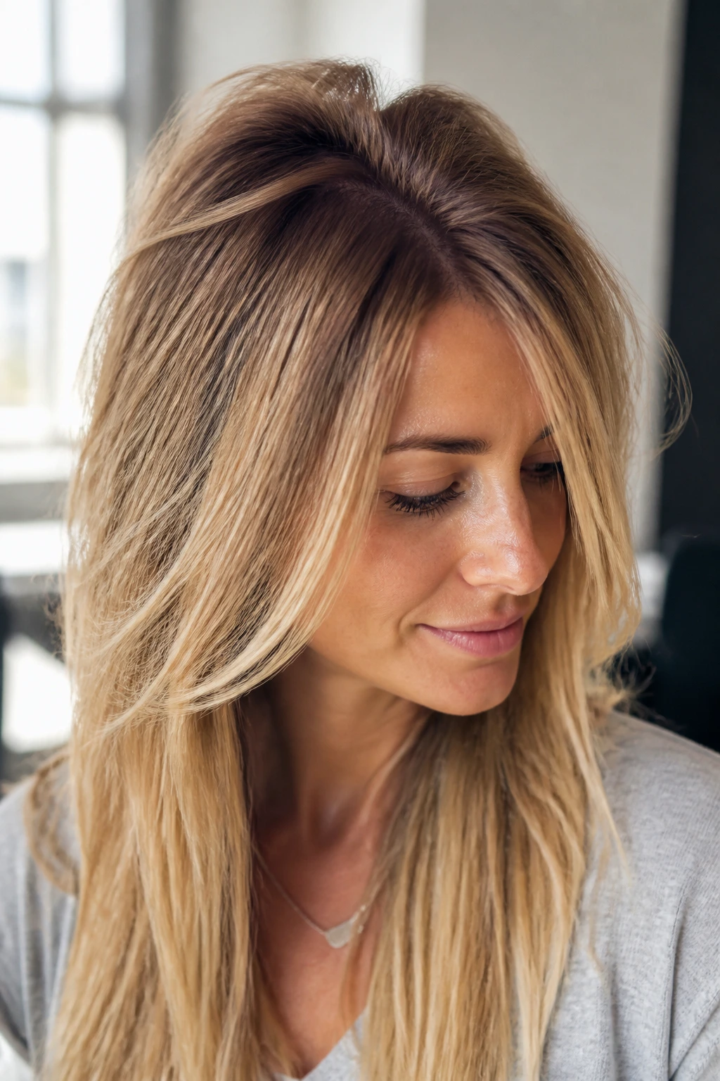 Close-up of fine hair with short crown layers lifting roots