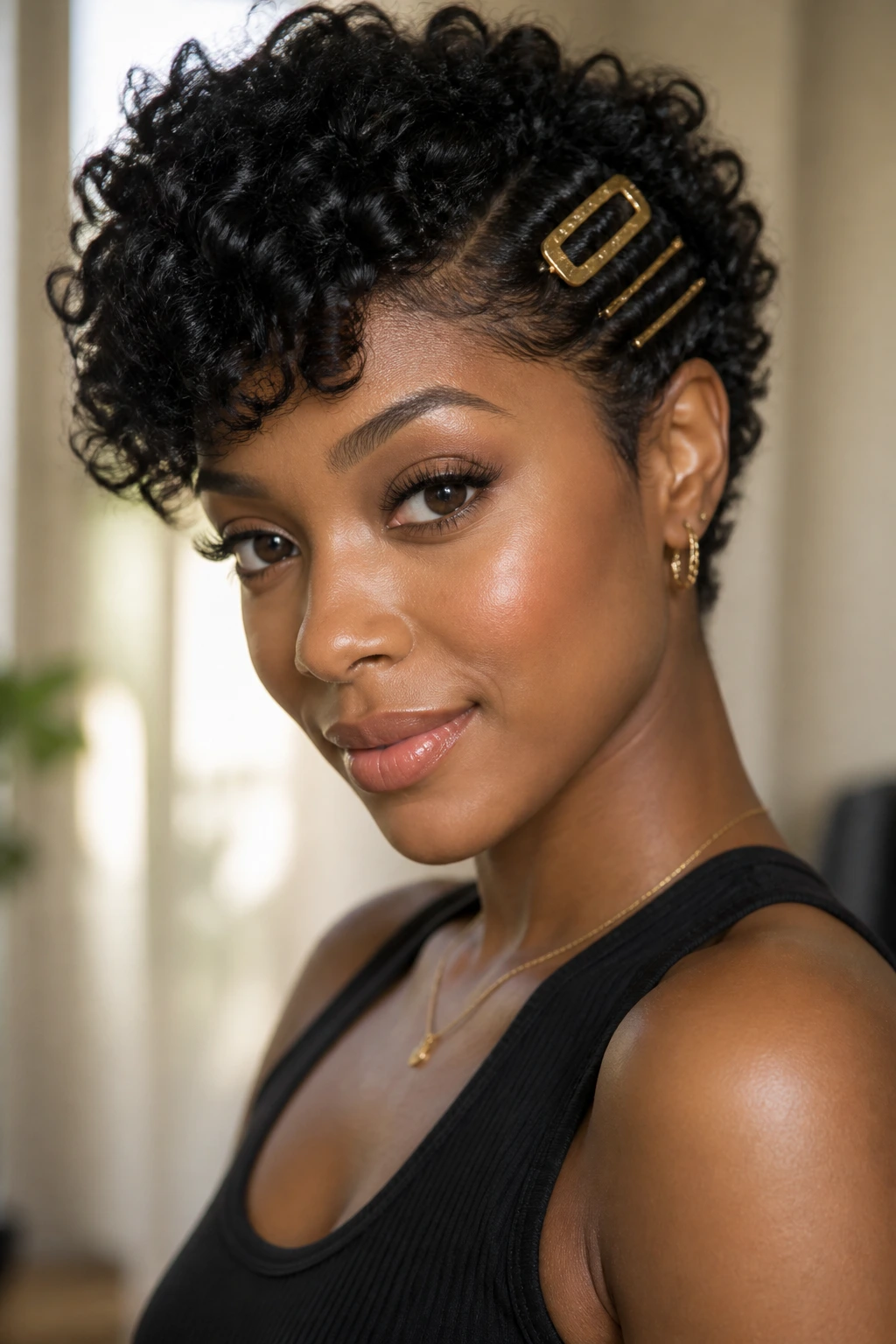 Close-up portrait of a real Black woman with short curly hair wearing a metallic barrette and gold pins