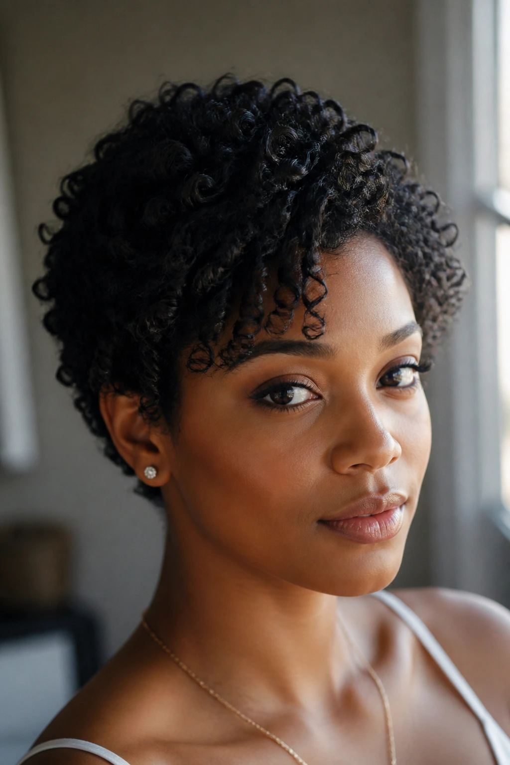 Close-up of a real Black woman with short curls showing shape and texture