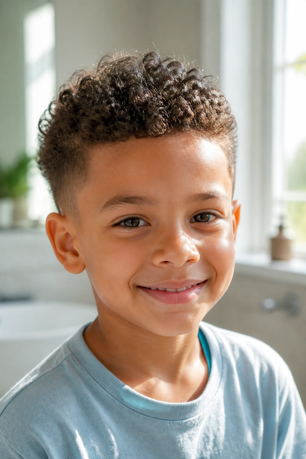 Close-up of a boy with a short scissor crop showing tight curls
