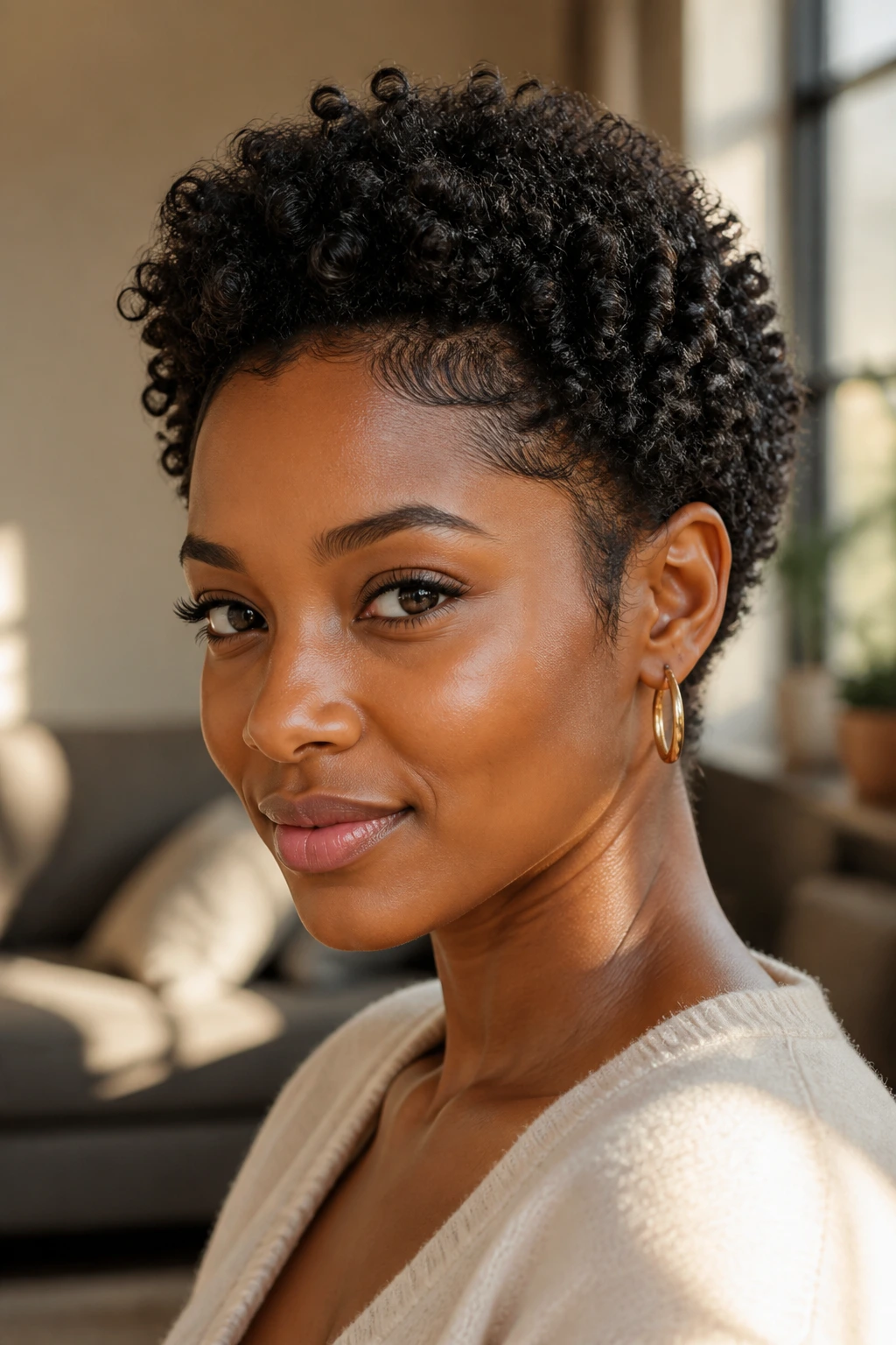 Close-up portrait of a real Black woman with a short curly haircut, neat edges and soft crown.