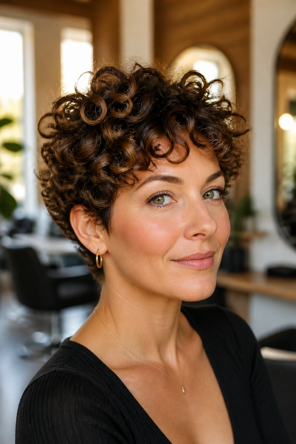 Close-up portrait of a woman with short curly hair showing crown lift in a salon setting