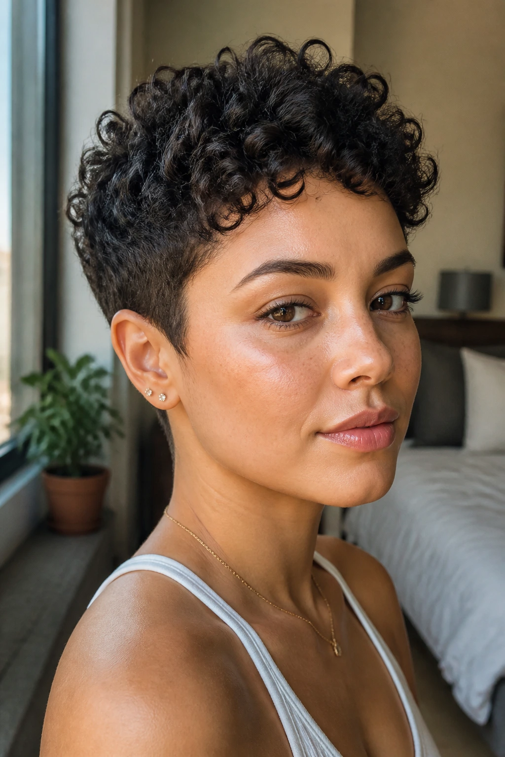Close-up of real person with short curly haircut showing crown lift and tapered sides in a bedroom