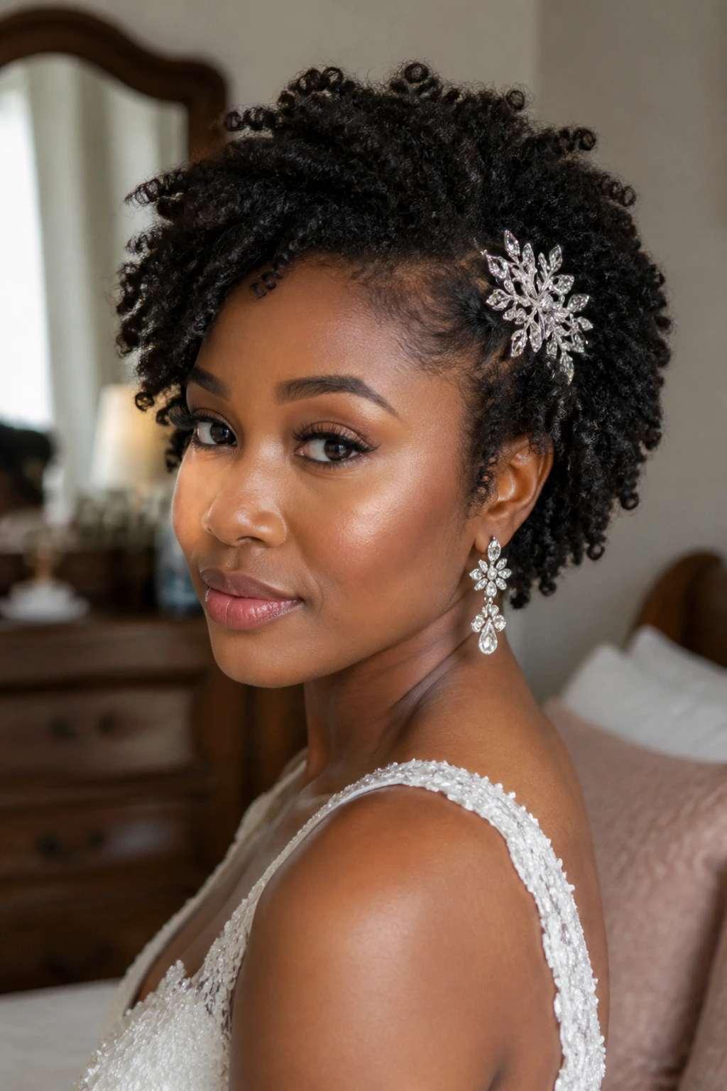 Close-up of a real woman with short curly hair and a crystal side comb at the temple