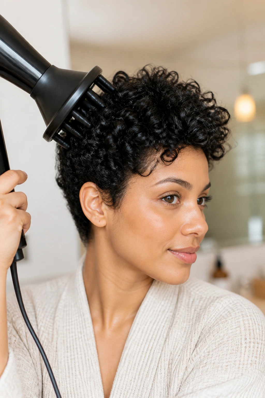 Portrait of a real person with short curls being styled with a diffuser in a bathroom setting.
