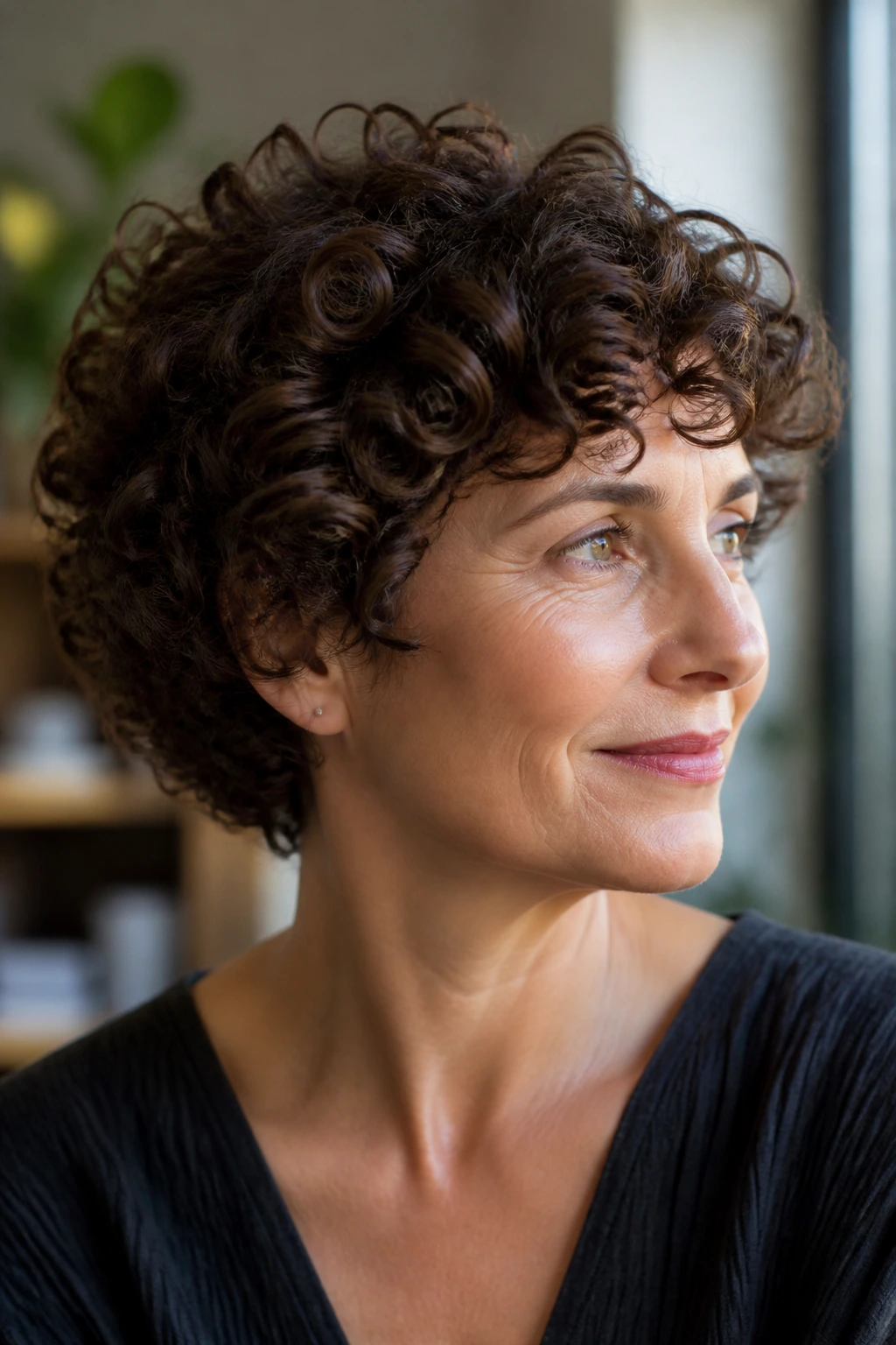 Close-up of a real woman with short curls that appear fuller and denser.
