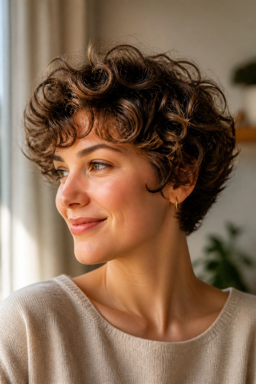 Portrait of a real woman with short curly hair showing fullness and crown lift