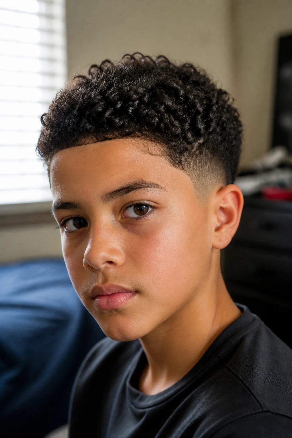 Close-up of a real boy with short curly hair showing trimmed edges and lifted crown