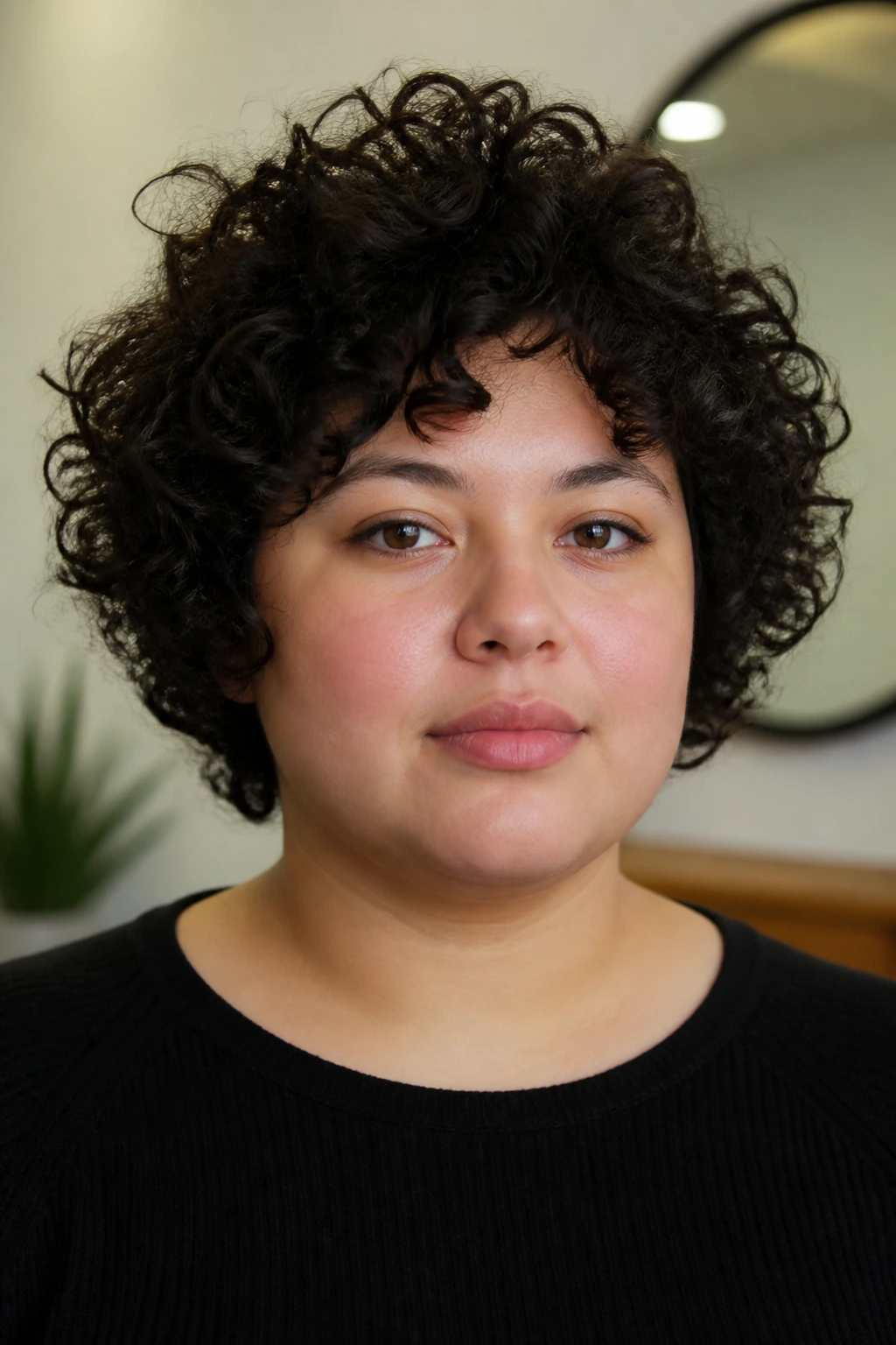 Portrait of a person with wide-read short curls at the cheeks