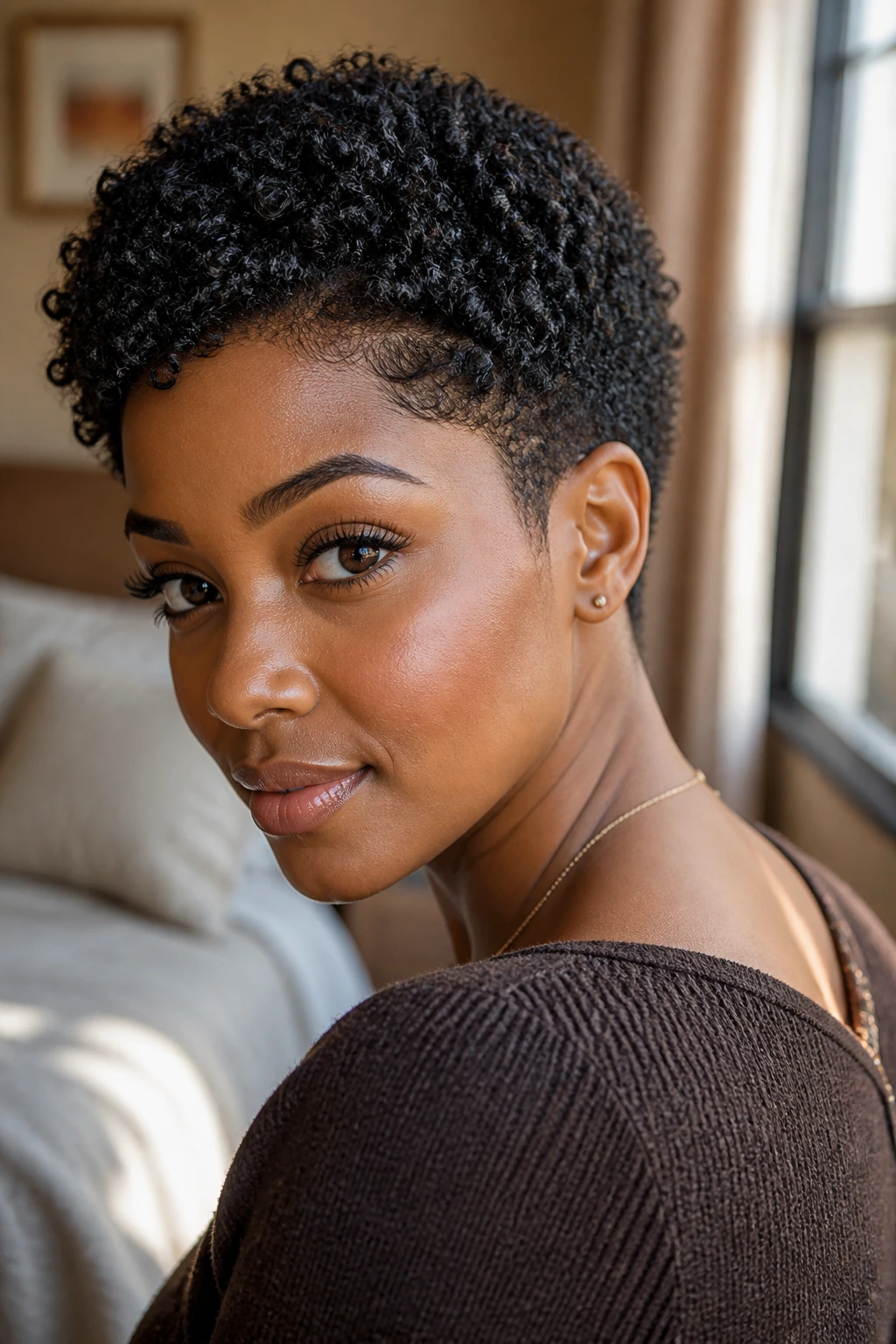 Close-up portrait of a Black woman with a short curly crop showing nape, crown height, and tapered sides in warm natural light