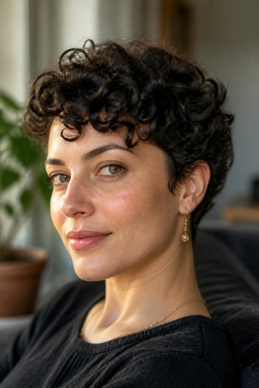 Close-up portrait of a woman with short curly hair in warm natural light