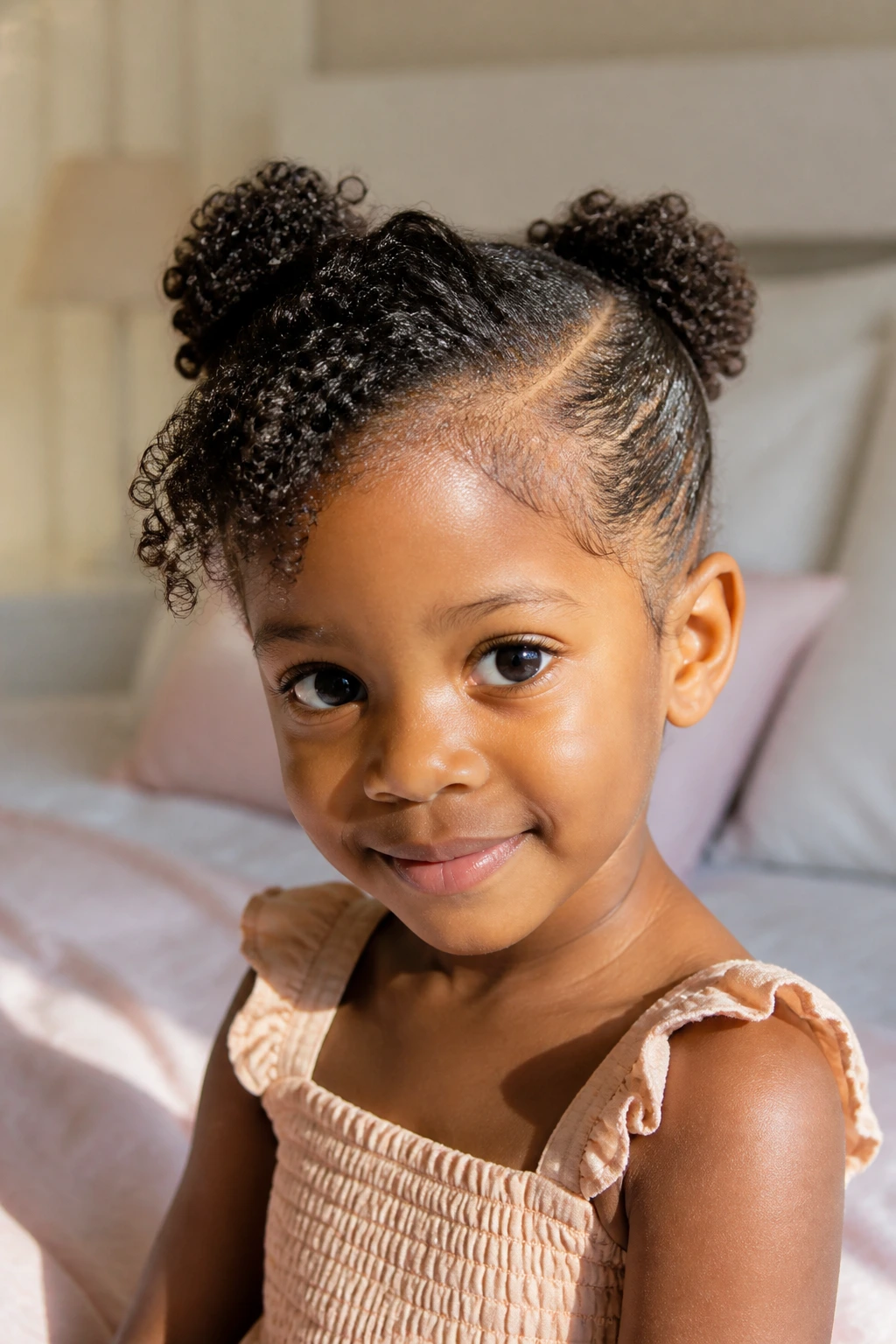 Child with short-crop curls and mini puffs in a sunlit room