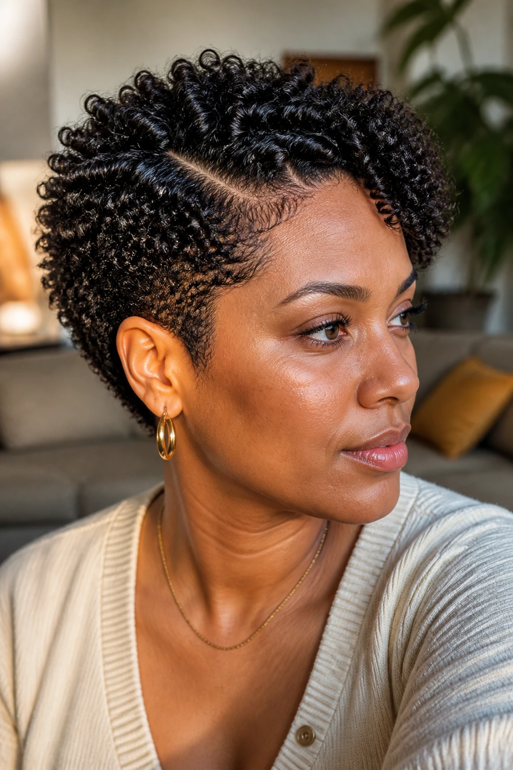 Portrait of a real Black woman with short curls, tapered nape and side part showing range