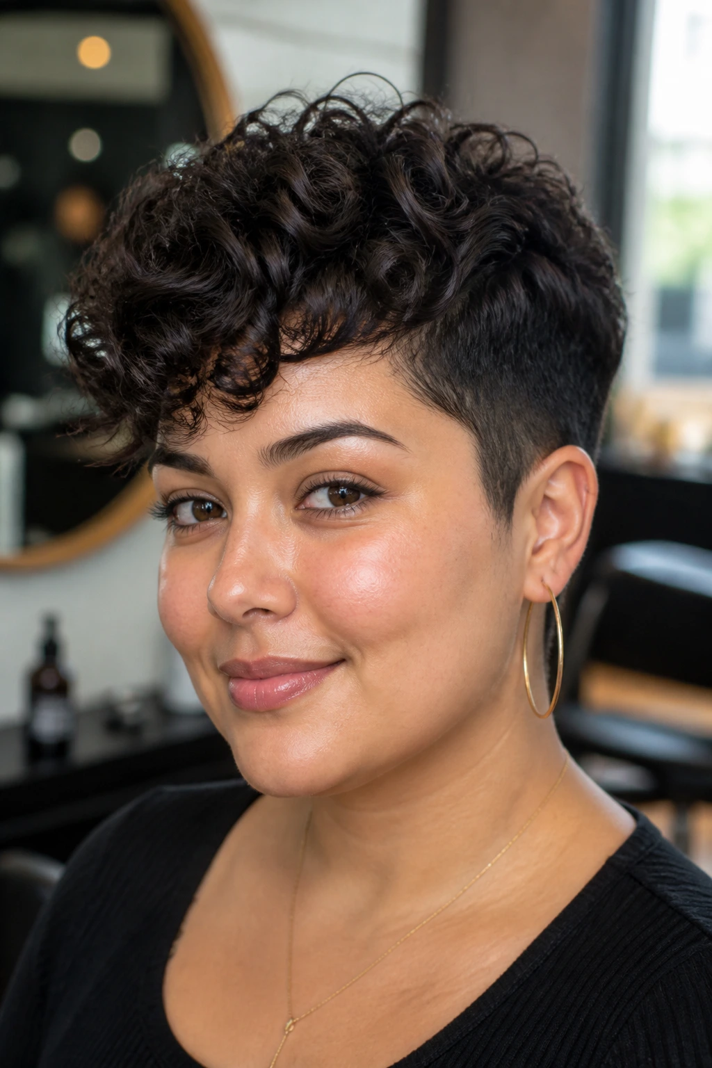 Close-up portrait of a real woman with a short curly haircut balancing crown height and temple taper.