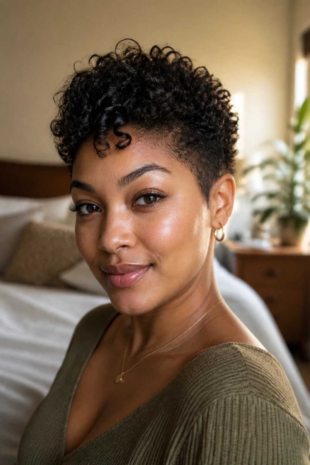 Close-up portrait of a real woman with a crown-lift short curly haircut on a round face, warm window light.