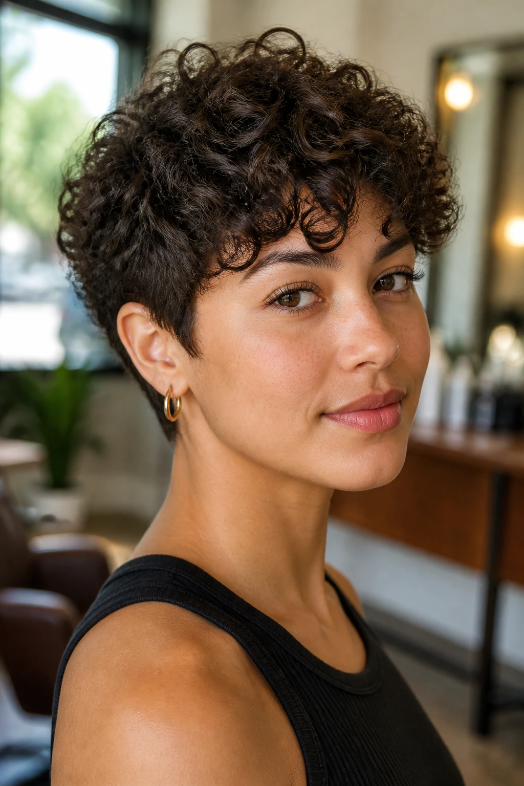 Close-up portrait of a real woman with short curls showing lift at crown and defined silhouette
