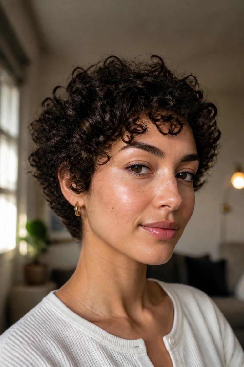 Close-up portrait of short curly hair showing diverse textures in a cozy indoor setting