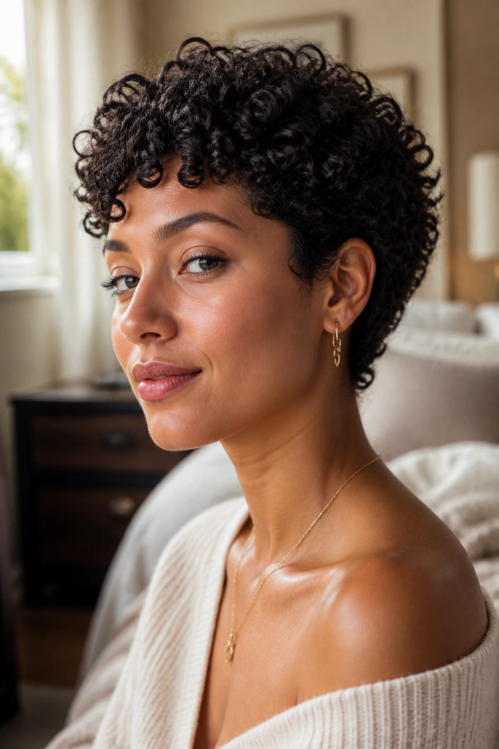 Close-up portrait of a real person with short curls by a window, highlighting perimeter and lift.