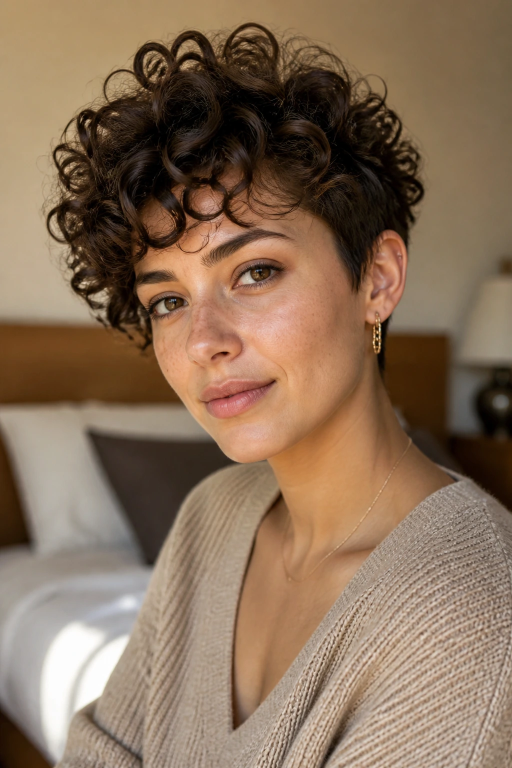 Close-up of short curls showing lift and shape, illustrating why styles work on short curls