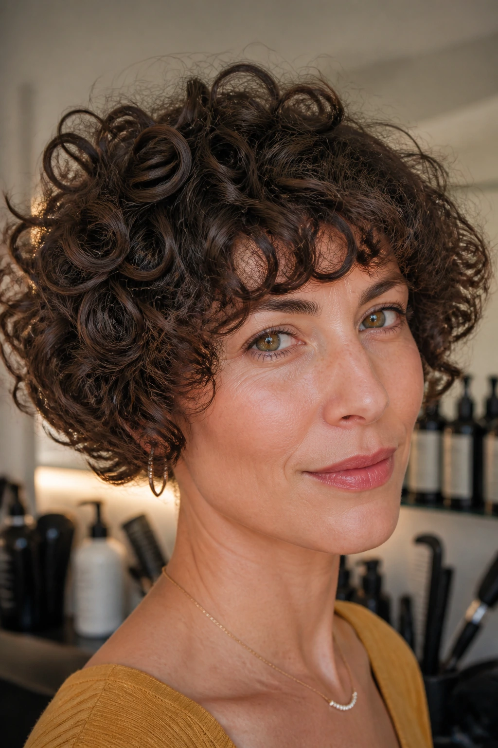 Real woman with a defined short curly hairstyle in a salon setting