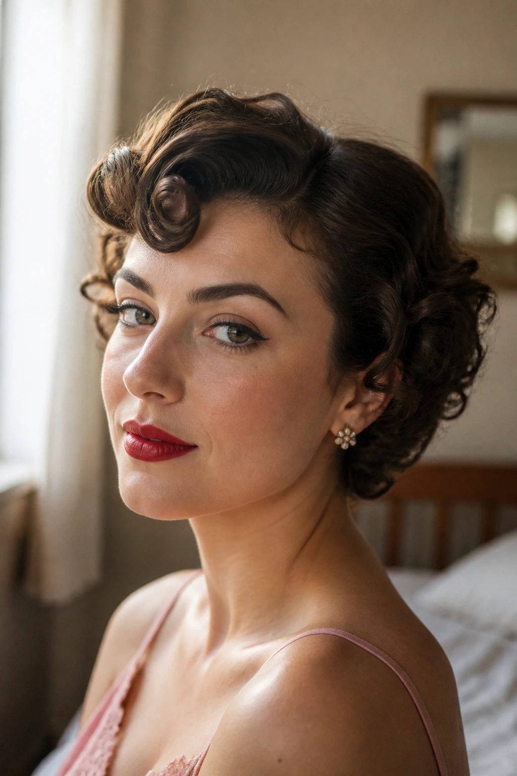 Close-up portrait of a woman with short curls in vintage makeup