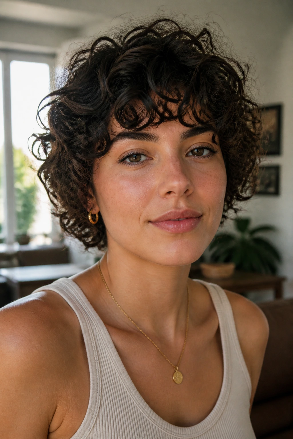 Close-up portrait of a real woman with short curly bangs on a round face.